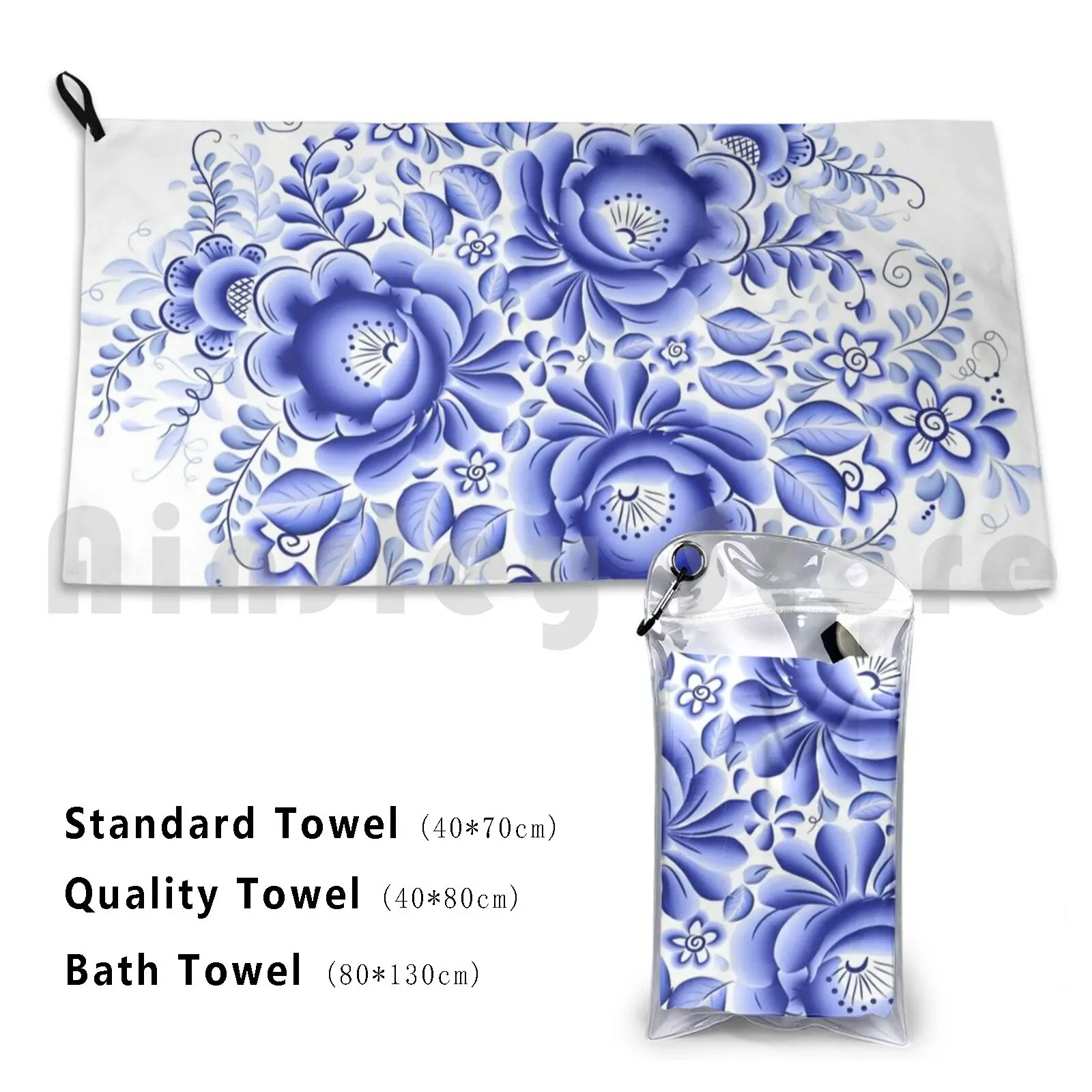 

Blue Floral Design In Russian Gzhel Style Bath Towel Beach Cushion Blossom Blue Decorative Floral Flower
