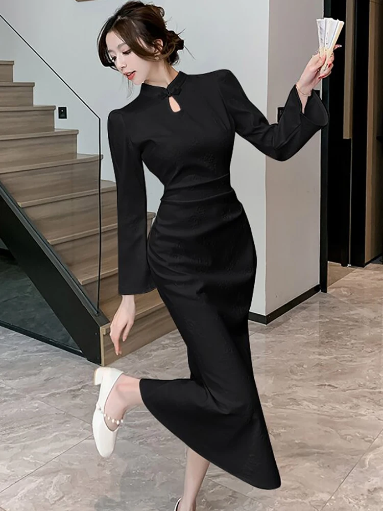 Женское жаккардовое платье с длинным рукавом в Корейском стиле