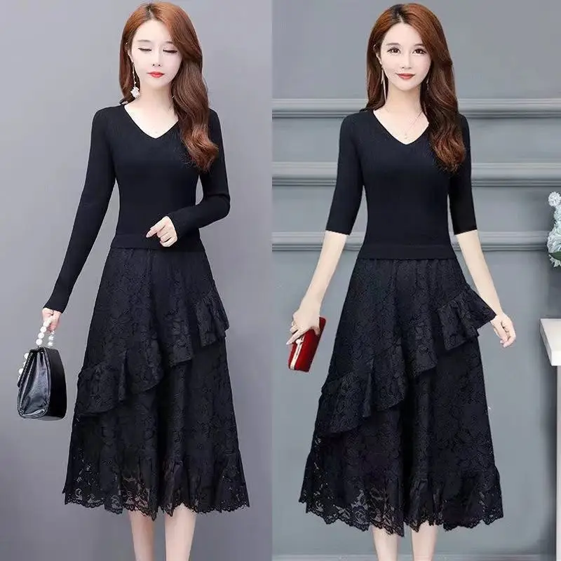 

Однотонное женское платье, новинка 2022, французское свободное Повседневное трикотажное платье средней длины с V-образным вырезом и рукавом д...