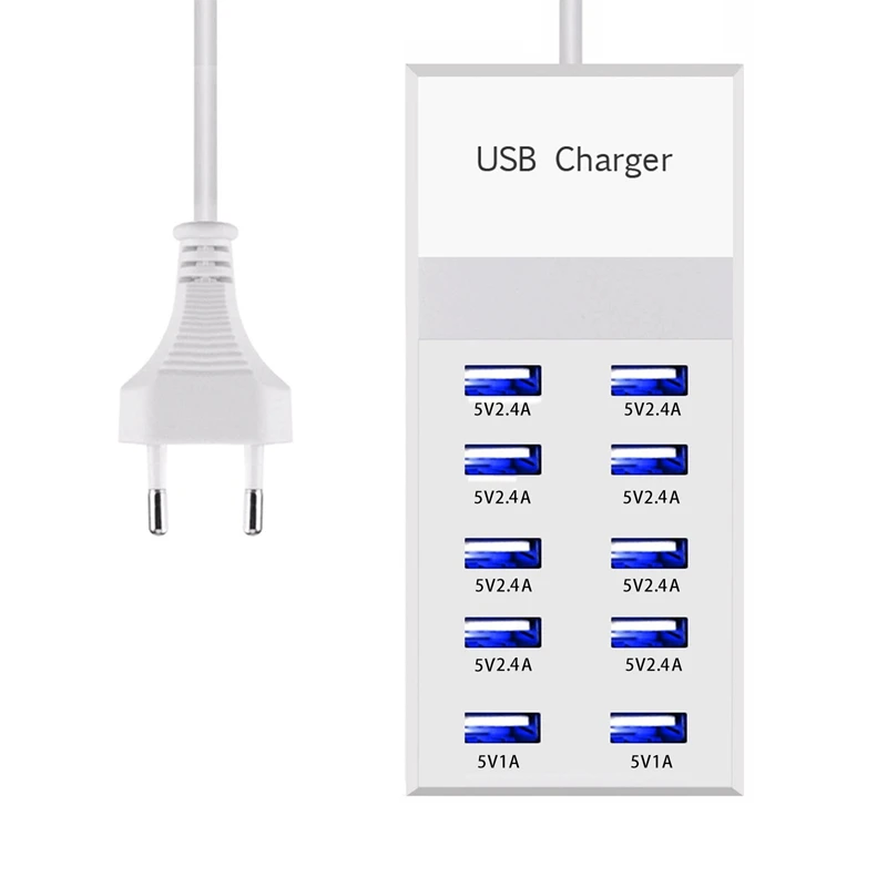 

60 Watt (12 Amp) 10-Port Family-Sized Desktop USB Rapid Charger, Smart USB Ports With Auto Detect Technology
