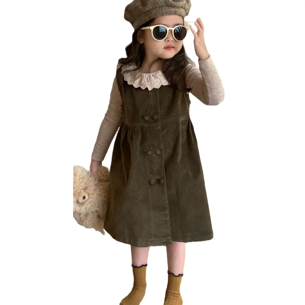 Новинка осени 2024 детская одежда вельветовый жилет и юбка для девочек кружевная