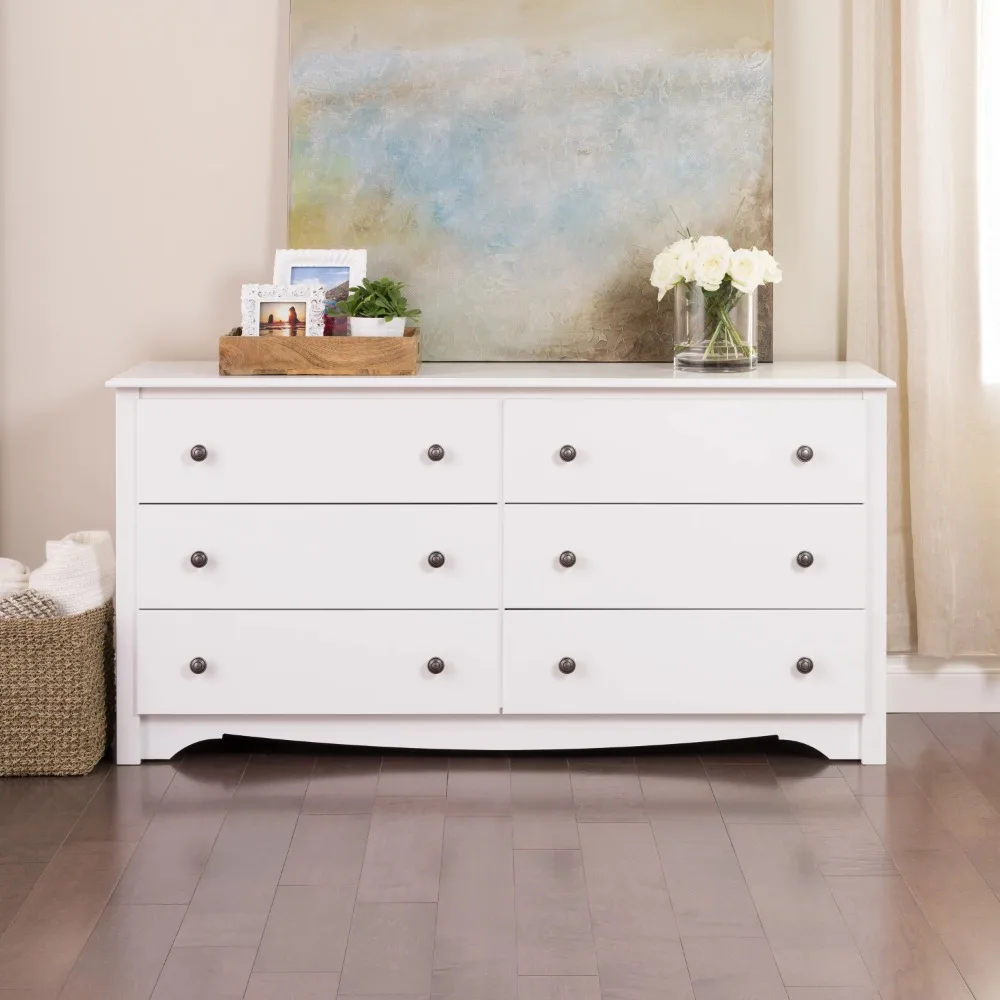 

Prepac Monterey 6 Drawer Wooden Double Dresser, 16" x 59" x 29", White