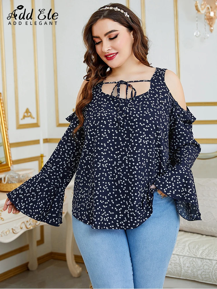 Add Elegant Plus Size Blouses Women 2022 Autumn Lace-up Design Square Collar Commuter Off the Shoulder Lantern Sleeve Tops B1115