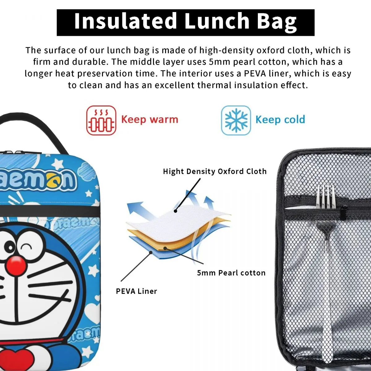 Изолированные мешки для ланча D-Doraemons многоразовая сумка-холодильник