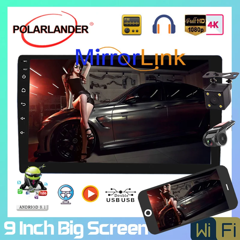 

Автомобильное радио 2 Din 9 "Mirrorlink Carplay Android Авто Android 8,1 усилитель четырехъядерный GPS Навигация стерео BT Универсальный