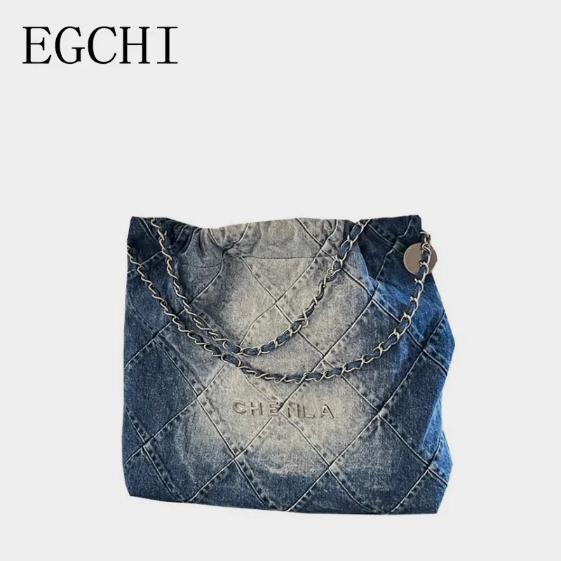 

EGCHI Brand Plaid Denim Bags For Women 2023 Trendy Designer Shoulder Bags With Chain Strap Luxury Tote Bag For Female
