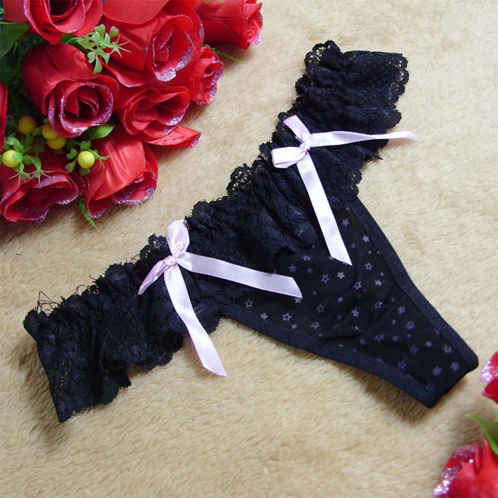 

Sweet Style Lace Panties Sexy Lingerie Women Bow Ruffles Underwear Solid Brief Bikini Knickers T-back Thongs G-string A50