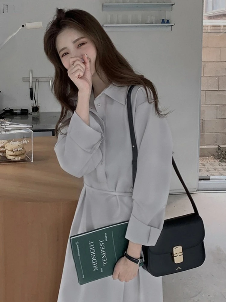 

3 Colors Korea Chic Feminine Vestidos Women Solid White Single Breasted Button Casual Loose Cute Boyfriend Shirt Dress