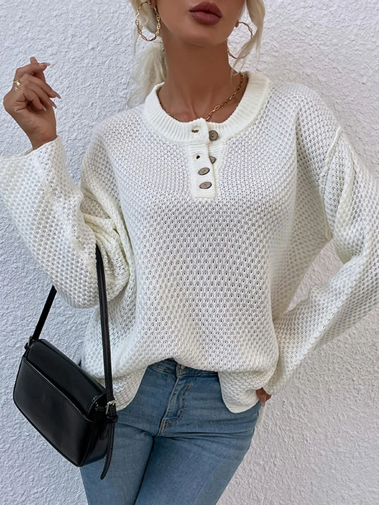 

Seedtotree Solid Long Sleeve Buttoned Neck Casual Knitted Tops Women Sweaters