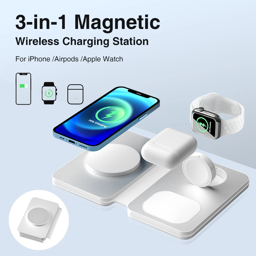 Складная магнитная Беспроводная зарядная подставка для iPhone 14 13 12 Pro, док-станция для быстрой зарядки для Apple Watch iWatch S8 AirPods 2