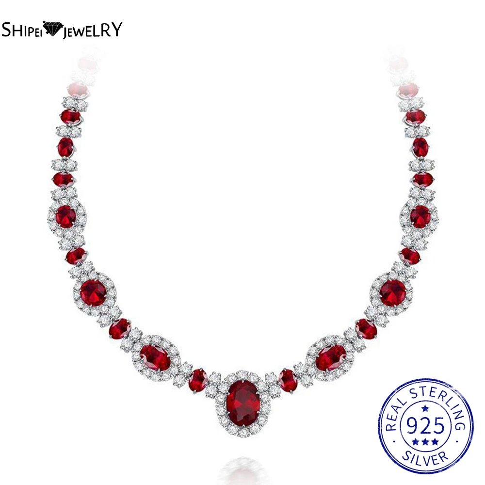 

Shipei Luxury 925 Sterling Silver Oval Ruby Created Moissanite Gemstone Anniversary Pendant Necklace For Women Fine Jewelry Gift