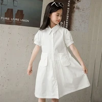 kids dress for girls 2022 new summer single breasted shirt fashion school children dresses casual clothes pockets white pink