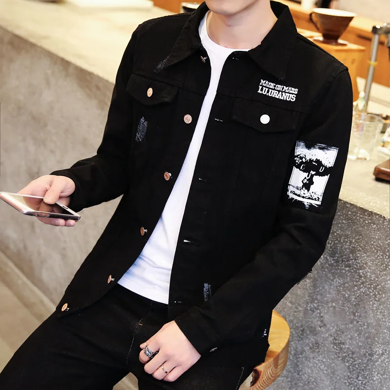 

Красивая уличная одежда, повседневная Облегающая джинсовая мужская куртка, Корейская куртка 2021, молодежная черная трендовая Осенняя мужская куртка