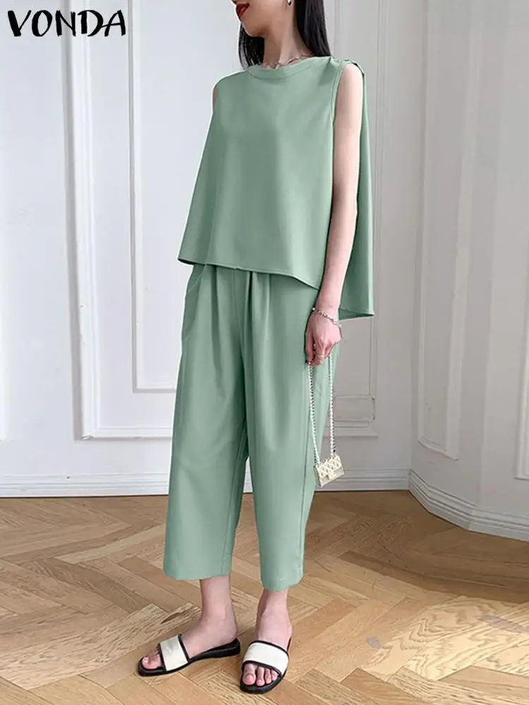 

Брючный костюм VONDA женский с круглым вырезом, стильная блузка без рукавов, повседневный комплект брюк с длинными широкими штанинами, компле...