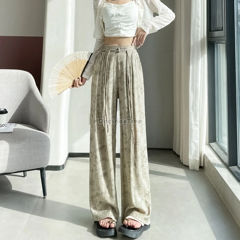 Женские брюки в китайском стиле свободные с широкими штанинами и чернильным