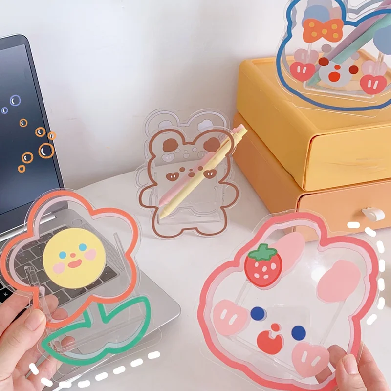 

Акриловый держатель для ручек с милым медведем и цветком, многофункциональный настольный органайзер, прозрачная коробка для хранения, кава...