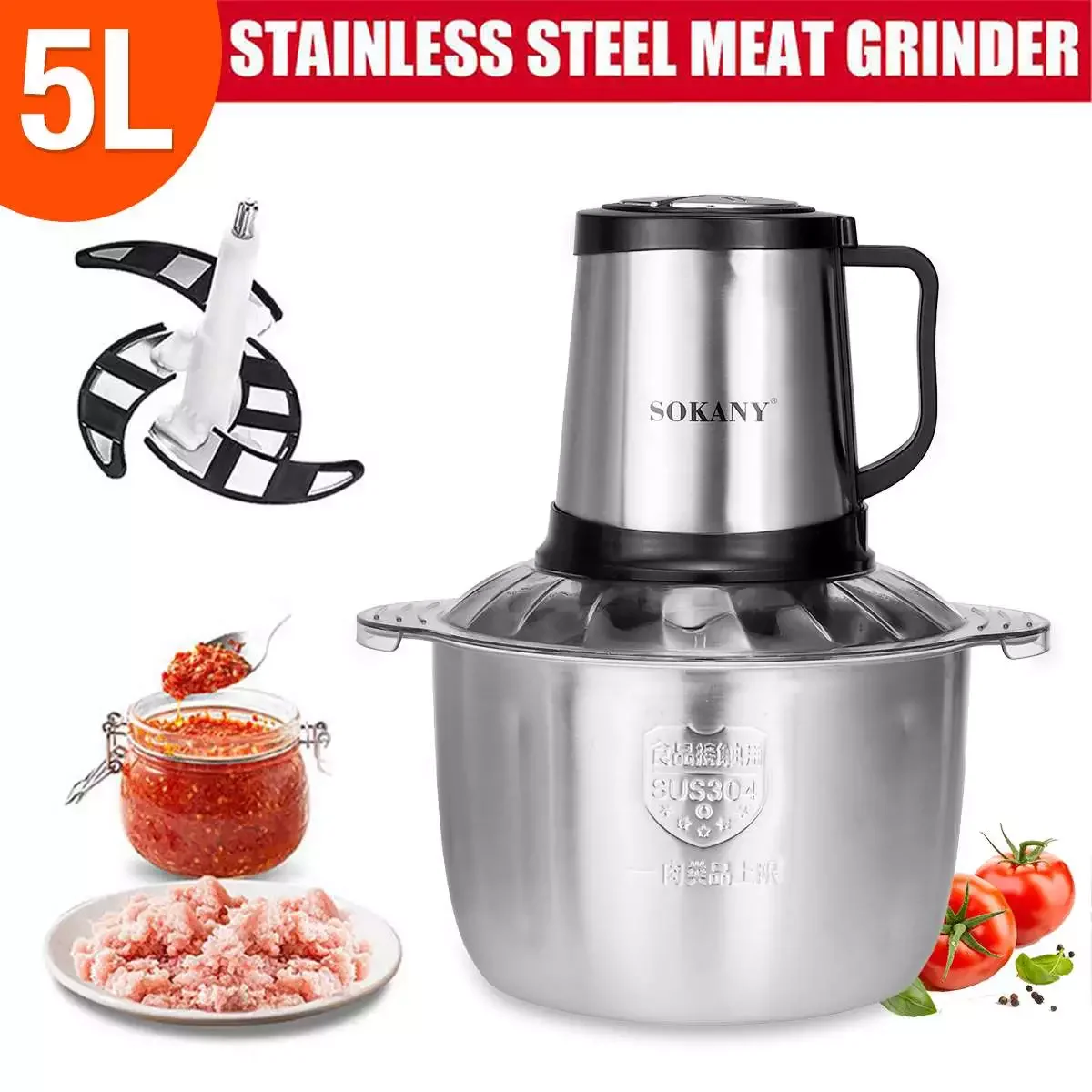 

800W 5L Electric Meat Mixer blender Grinder 3Speed Stainless Steel Electric Chopper Automatic Mincing Machine Quiet Food blender