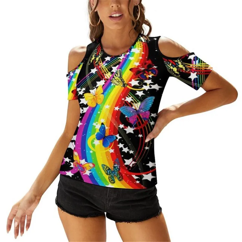 

Футболка женская с рисунком бабочки, Классическая модная Топ оверсайз в радужную полоску, с коротким рукавом, с открытыми плечами
