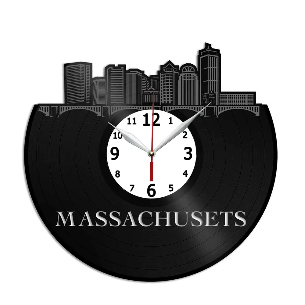 

Massachusets Skyline Vinyl Wall Art Clock 12 Inch - Home Room Decor Idea - Handmade Gift for Friend