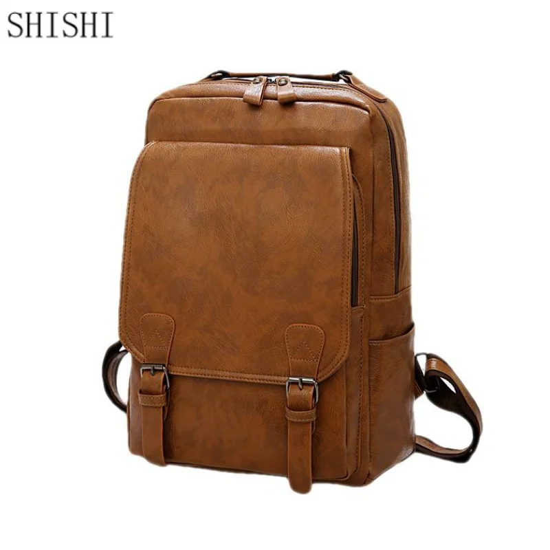 Hot Sale Vintage Laptop Backpack Men Waterproof Khaki Travel Bag PU Leather Male Backpacks Big Capacity Mochila Bags For Men