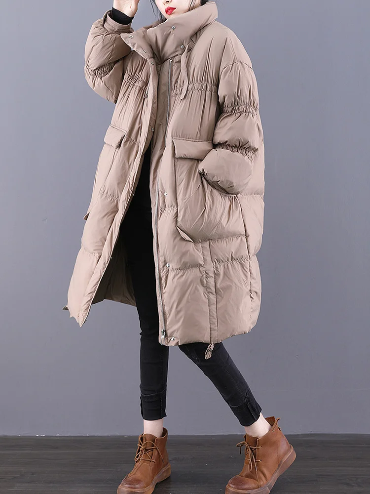 New Winter Women Stand Collar Thick Warm Long Down Parka Casual Female Zipper Pocket Loose Snow Down Coat Outwear