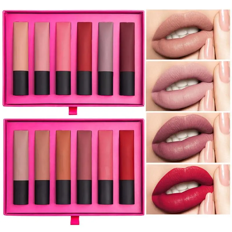 

6 Colors Matte Velvet Lip Gloss Tubes Waterproof Nude Lipstick Long Lasting Liquid Lip Balm Women Lip Cosmetics Kit