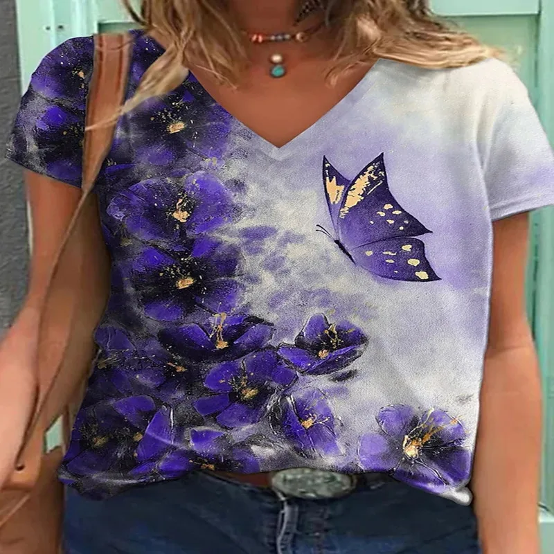 

New Sexy V-neck Butterfly 3D Printed Women's T-shirt Regular Street Fashion Loose Short Sleeve Top Retro Elegant 2022 Top