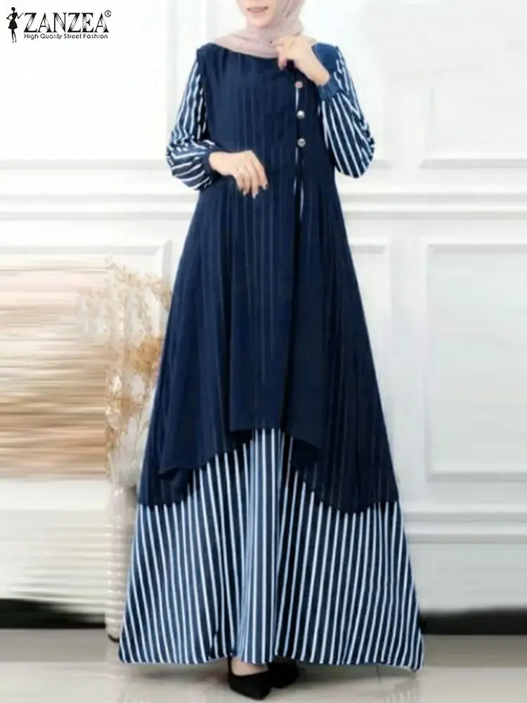 

ZANZEA Femme Stylish Casual Holiday Party Long Robe 2022 Stripe Printed Muslim Dress Woman O-Neck Full Sleeve Button Sundress
