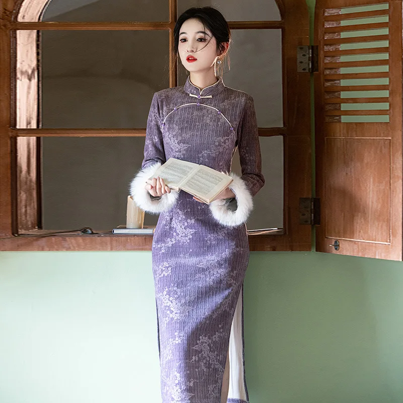 Зимний стиль плотное китайское повседневное длинное улучшенное платье Cheongsam в