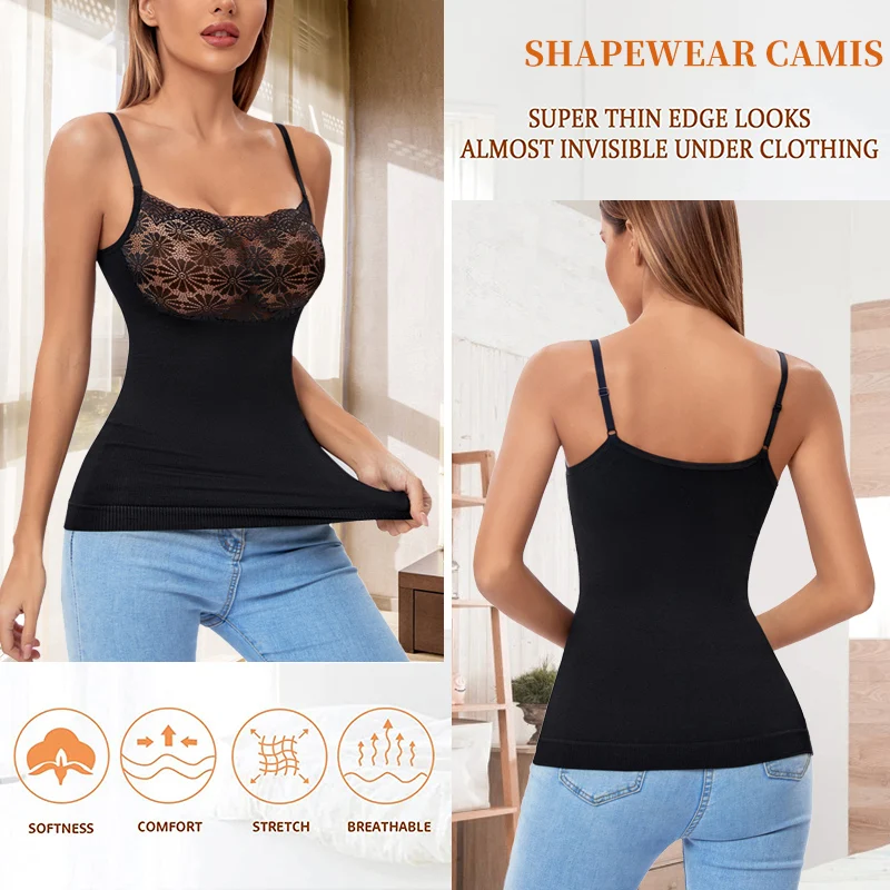 Lace Cami Shapewear Women Body Shaper Tummy Control Flat Belly Patchwork Camisole Seamless Essential Tank Top Black All Day Vest