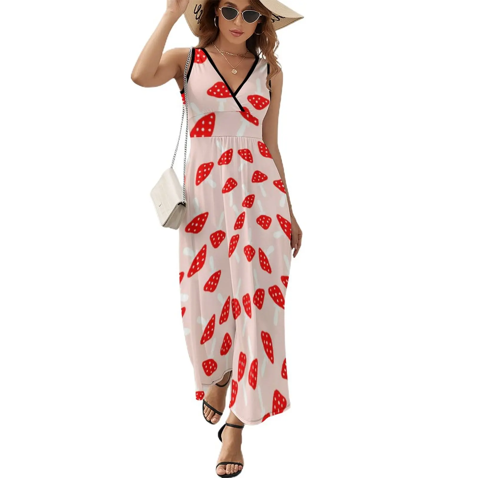 

Toadstool Mushrooms Dress Spring Cute Mushroom Print Street Style V Neck Boho Beach Long Dresses High Waist Elegant Maxi Dress