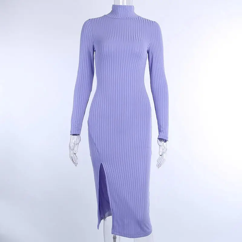 

Cotton Rib Knit High-neck Solid Color Split Long-sleeved Autumn Simulated Neck Elegant Dress 2022 Sexy Knee-length Party Dress