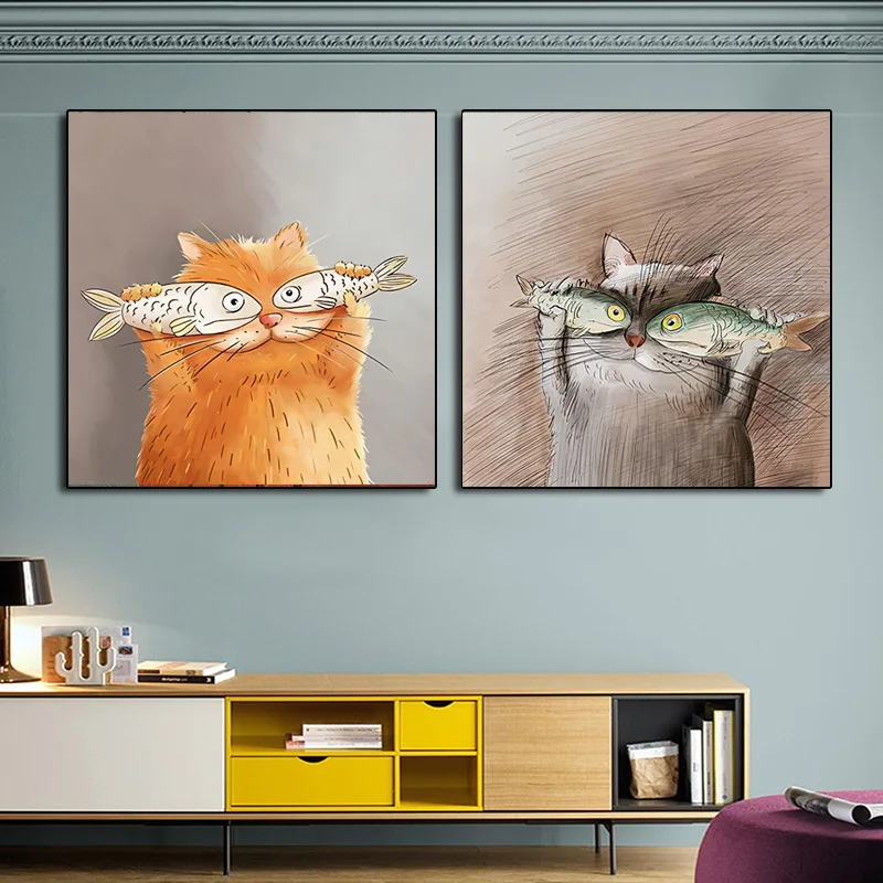 

Nordic Modern Wall Art Canvas Painting Cartoon Cat with Fish Posters and Prints for Kids Room Cute Animal Home Decoration
