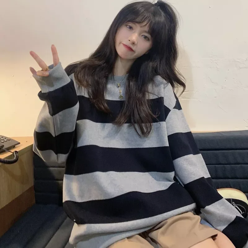 

tops traf roupas femininasWomen Sweatshirt harajuku Korean Casual stripe thin cotton Hoodies streetwear gray Long Sleeve hoodie