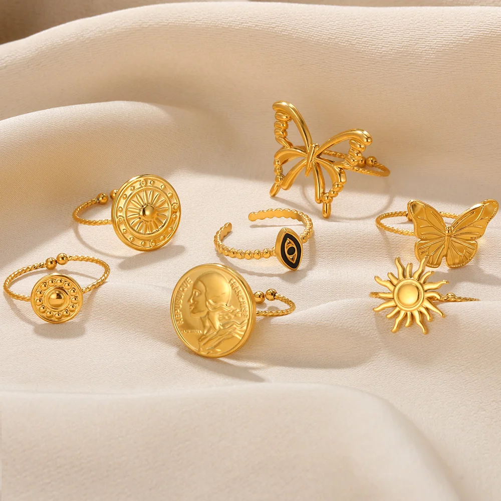 

Stainless Steel Gold Color Rings For Women Fashion Animal Butterfly Sun Aesthetic Adjustable Ring Geometric Joint Finger Jewelry