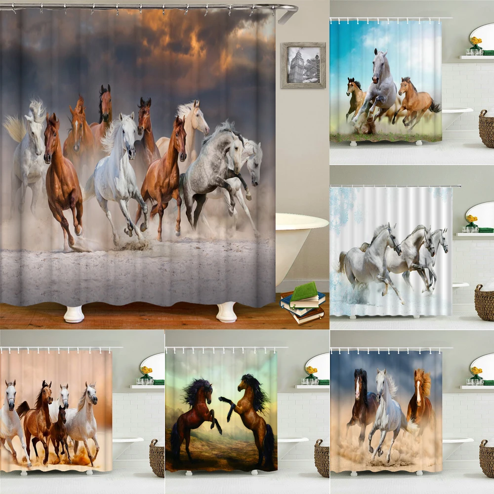 

Horses Animal Shower Curtains Waterproof Fabric Polyester Bath Curtain Bath Screen Home Decoration 180x200cm With Hooks