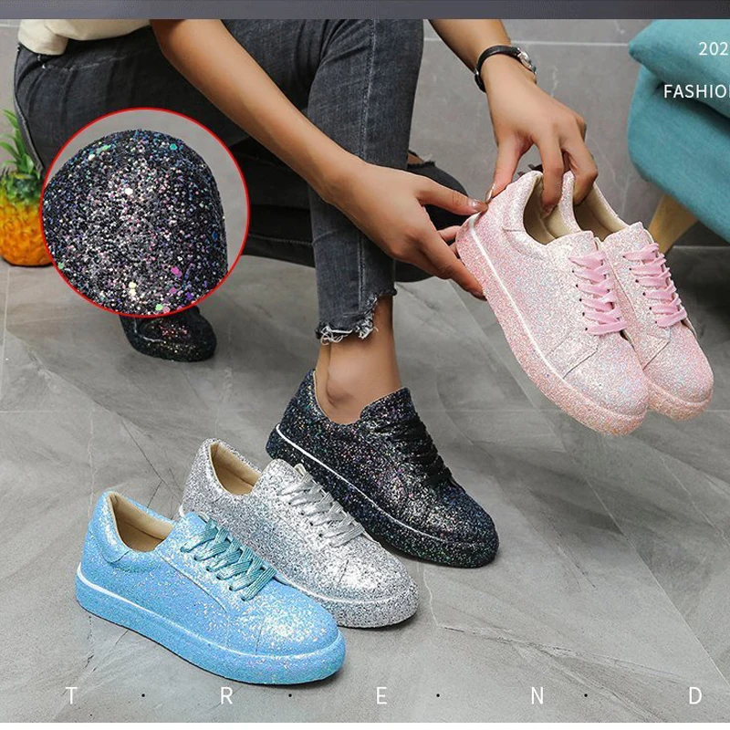 

Fashion Shoes Woman Casual Platform Sneakers Women Glossy Lace Up Shiny Movement Breathable Vulcanized Shoe Flat Walk Sport New