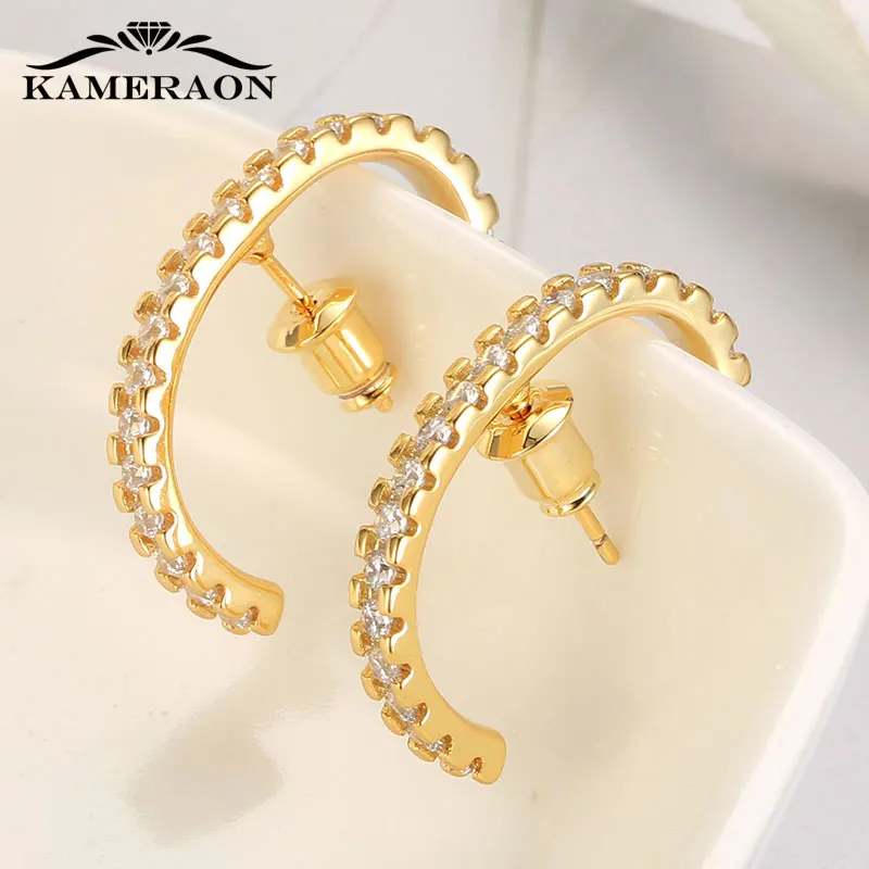 

High Quality Gold Color Creative C Shape Stud Earrings for Women Elegant Geometric Cubic Zirconia Rhinestones Glitter Jewelry