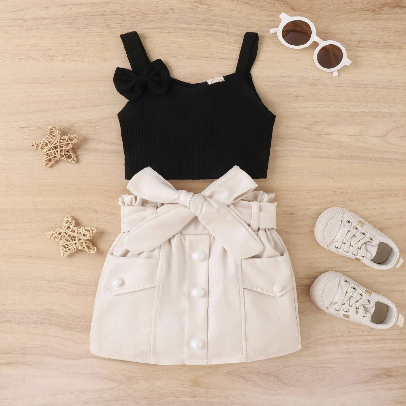 

Infant Baby Girls Outfit Set 2023 New' Spring/Summer Bow Tie Strap Button Shirts + Short Skirt Two Piece Set