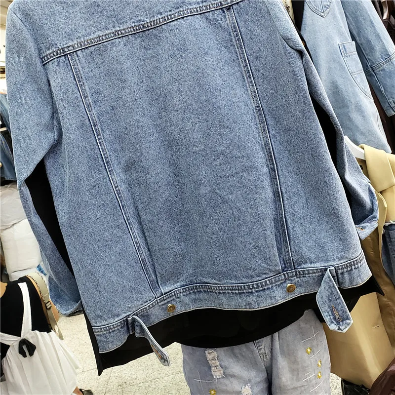 Черный джинсовый пиджак цвета хаки в стиле пэчворк женская двубортная верхняя