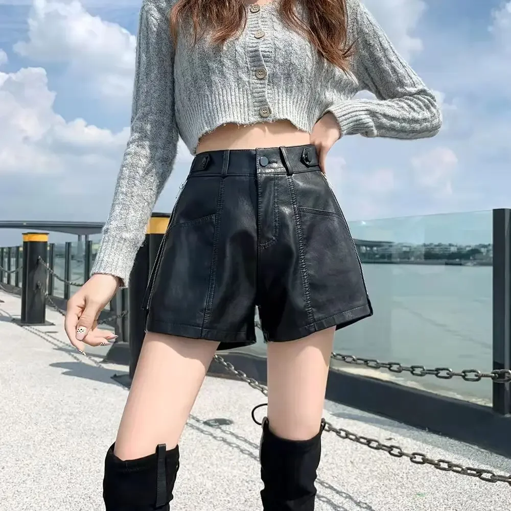 Черные шорты из искусственной кожи для женщин зимние мешковатые брюки с высокой