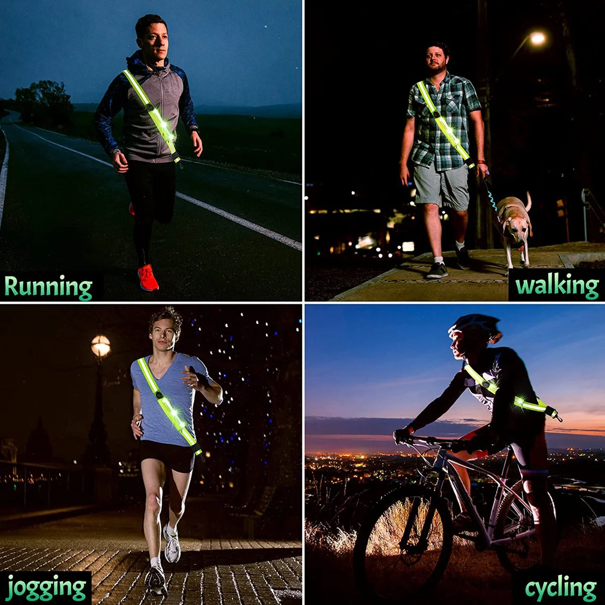 

LED Reflective Belt Sash for Walking At Night,Rechargeable LED Light Up Running Belt for Runners Walkers,Green