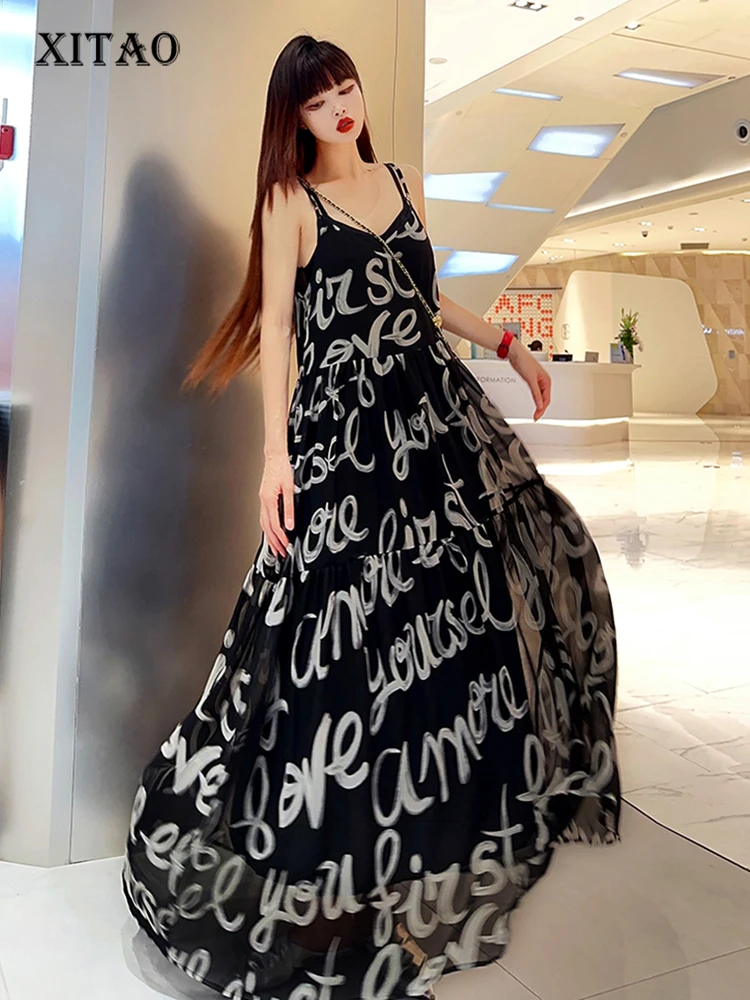 

XITAO Print Casual Dress Women Korea 2023 Summer New Arrival Personality Fashion Loose V-neck Sleeveless Strap Dress HQQ0113