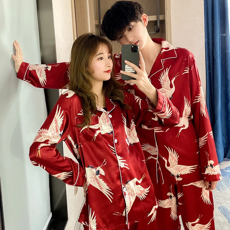 Lovers pajamas in the spring and autumn style ice silk red summer leisure wear long sleeve two-piece newly married men and women