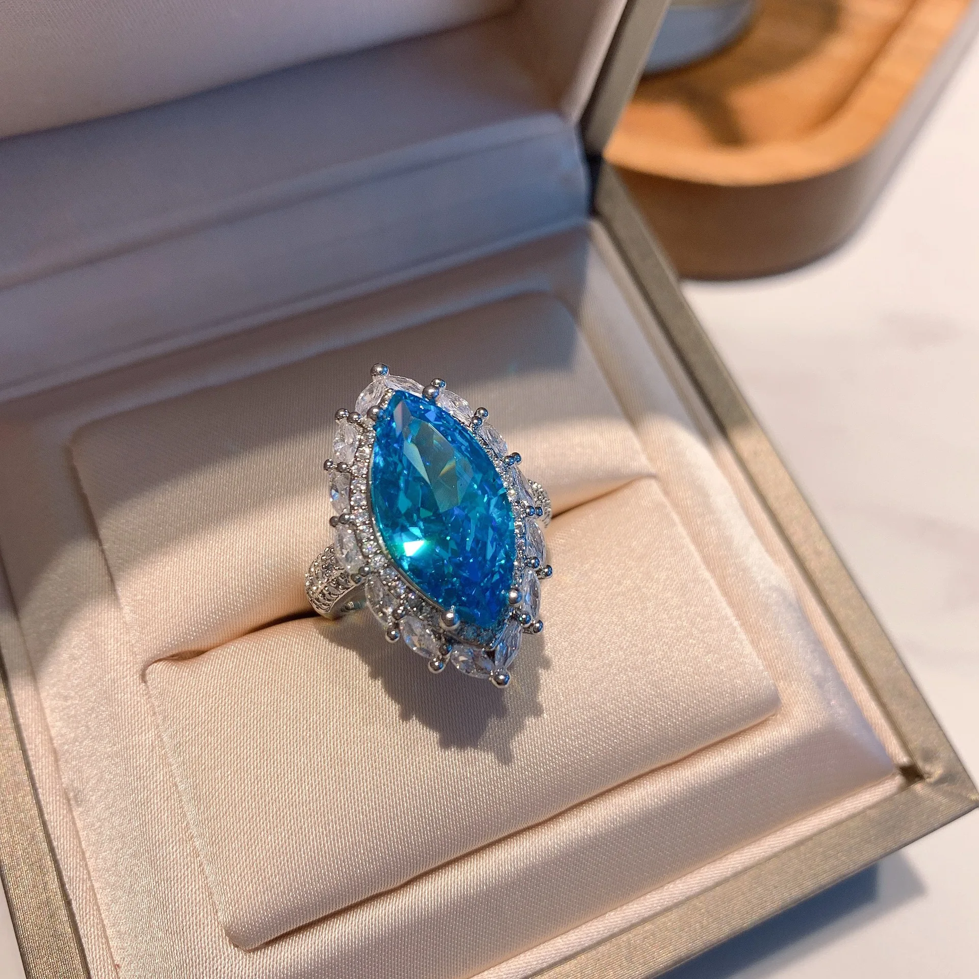 

100% 925 Sterling Silver 9*18mm Yellow Blue High Carbon Diamond Radiant Cut Rings For Women Sparkling Party Fine Jewelry