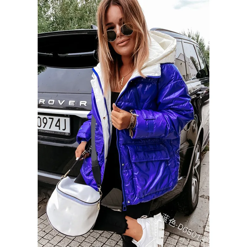 

Lugentolo зимняя женская куртка блестящая с капюшоном цветное блочное пальто на молнии свободные парки для женщин