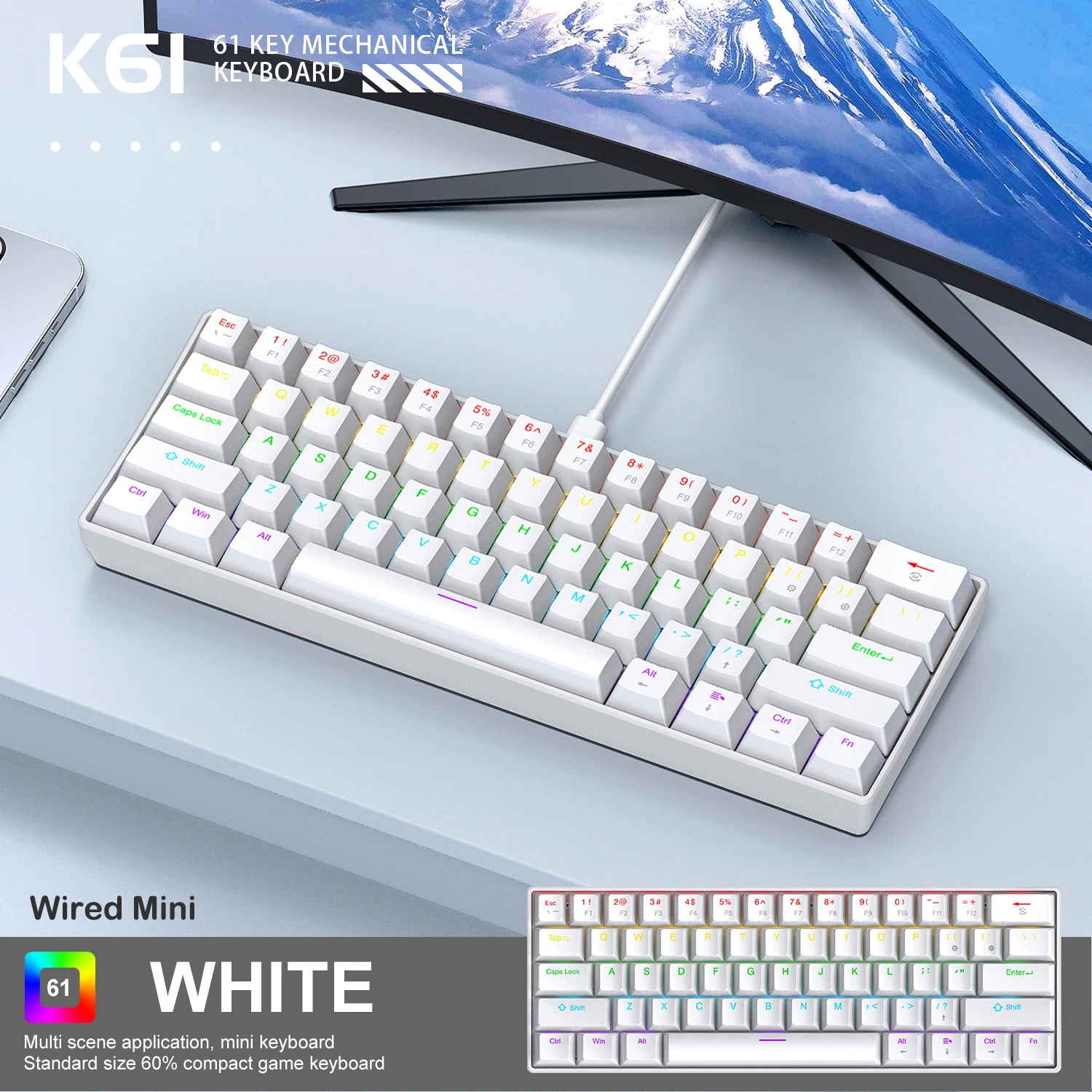 K61 60% メカニカルキーボード 有線 RGB、61キー ミニゲーミングキーボード、Phantom RGB、赤/青スイッチ、エルゴノミクス、ゲーマー向けポータブル
