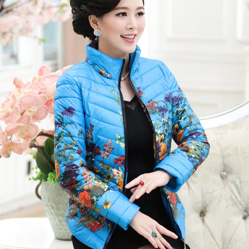 2018 New Winter Jacket Slim Down Cotton Parkas Womens Flower Coats Plus Size Zippers Outerwear Woman Printing Coat L0785