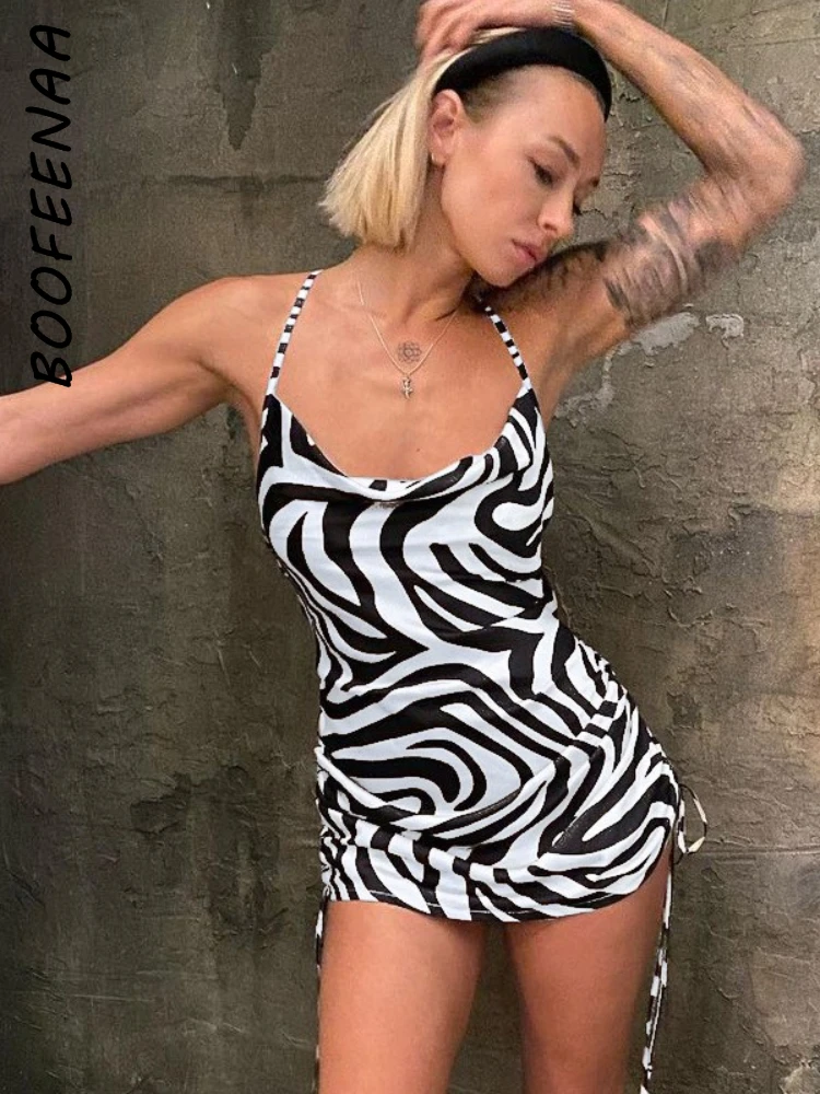 

BOOFEENAA Drawstring Ruched Backless Halter Mini Dress Zebra Loepard Sexy Club Wear Summer 2022 Fashion Women Clothing C70-BH17