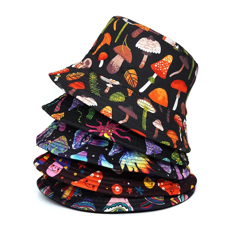 

2023 Fisherman Hat Women Men New Mushroom Print Bucket Hat Outdoor Double-sided Sunshade Fashion Basin Panama Bob Cap